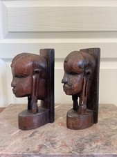 Ancien Paire Serre Livre Bois Visage Tête Africaine Tribale Fait Main