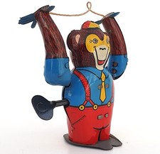 SINGE ACROBATE PIROUETTE AVEC CORDE À SAUTER   ANCIEN JOUET MÉCANIQUE FONCTIONNE