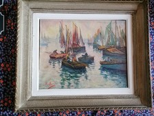 ANCIEN TABLEAU ANIME MARINE HUILE PORT DE PECHE BATEAUX SIGNé