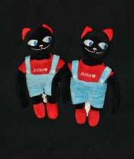 Lot 2 peluche doudou chat Aster ELUZ noir pull rouge salopette bleue 22 cm TTBE