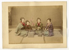 Geishas & Maiko taking Tea - Old hand colored albumen photograph of Japan