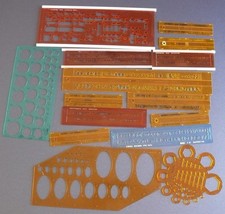 lot de 15 normographes - formes et écritures - Minerva, Linex, Rotring