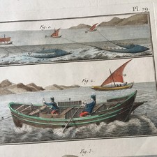 Gravure XVIIIè La Pêche aux Filets Benard 1793 Encyclopédie Diderot Aquarellée