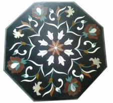 18 " Noir Marbre Table Top Demi Précieux Pierres Marqueterie Art Inlaid Travail