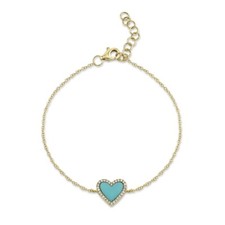 14K or Jaune Coeur Turquoise Diamant Bracelet Charme Femmes Naturel Amour .69CT