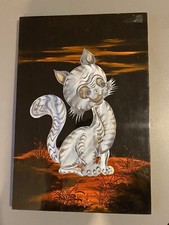 panneau tableau laqué incrustation nacre chine? Japon? Asie chat stylisé