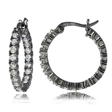 Noir Ton Sur Argent Sterling Zircone 3mm Rond Boucles D'Oreilles Créoles, 20mm