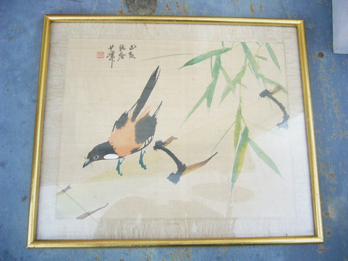 Ancien tableau peinture soie - tableau,