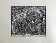 MERCEDES GUINGOT GRANDE GRAVURE SUR BOIS ANIMAL ZÉBU 1974 ARTISTE LORRAIN 