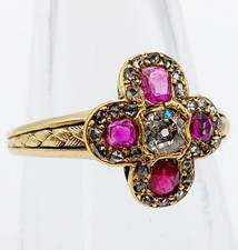 Bague fleur antique or 18k diamant taille ancienne et saphir roses (circa 1900)