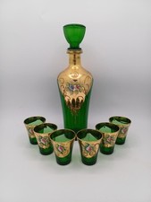 Service en verre Murano – Italie – Carafe + 6 verres – Vert & doré – Numéroté
