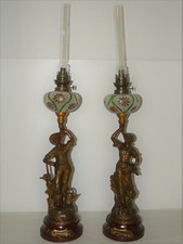 -PAIRE DE LAMPES A PETROLE JARDINIER & MOISSON par RUCHOT BOLS Granités & peints