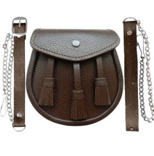 SHYNE KILTS U.K Écossais Marron Kilt Sporran Cuir et Ceinture 3 Pompons Sporr...