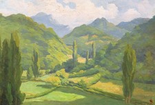 Tableau paysage campagne montagne arbres huile panneau art moderne Marcel BACH