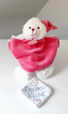Doudou Plat/Mouchoir Petit Ours Arrondi Blanc Rose Fuchsia Bonnet Câlins Babynat