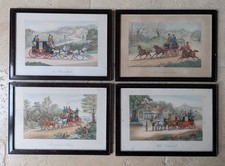 Série de 4 Lithographies Encadrées Voiture à Cheval Hippomobile Horse drawn...