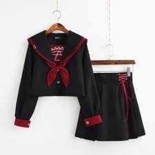 Expédié de Paris - Ensemble Uniforme Japonais Ecolière Noir Rouge Sakura  