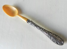 Ancien Cadeau de Baptême Cuillère à Bouillie Os & Argent Minerve Style Louis XV