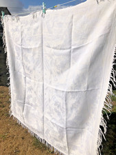 Stunning Antique French Cotton/Silk White Damask Fringed Tablecloth 4 x 4 ft