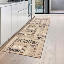 Tapis de cuisine beige avec dos en gel et inscription noir-marron Coffee Cappucc