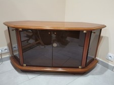 Meuble Tv d'angle merisier massif + portes et étagères verre