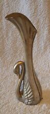 Ancien Art Déco Métal Dorée Cygne Figurine Fleur Vase Soliflore Vintage Ht 16 cm