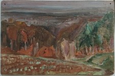 Paysage peinture sur panneau de bois ancien fin 19e siècle