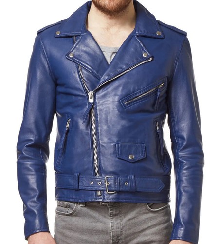 Blouson moto bleu - , homme