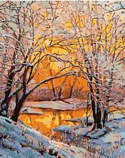 Peinture par numéros avec cadre en bois, forêt dorée d'hiver