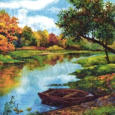 Serviettes en papier paysage lac étang barque. Paper napkins lake landscape