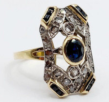 Bague marquise art deco or 18k saphir, diamant taille rose et saphirs calibrés