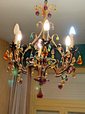 ANCIENNE LUSTRE MURANO A PAMPILLE VERRE CRISTAL DE COULEUR ET BRONZE 6 LAMPE