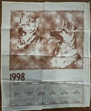 ANCIEN TORCHON 1998 CALENDRIER . Décor Chien  Berger Allemand / Chat