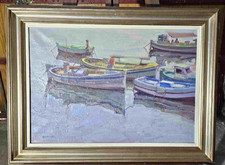 Tableau Huile Paysage Marin Bateaux Impressionniste XXème