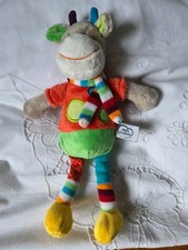 DOUDOU VACHE MOTS D'ENFANTS PANTIN 30 CM PELUCHE VERTE ORANGE ECHARPE  TRICOT