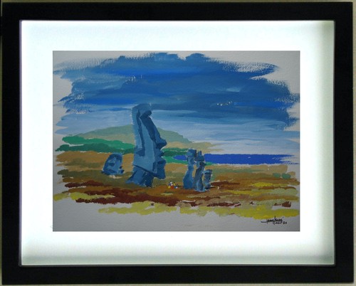 Dessin gouache moaï ile de - gouache,