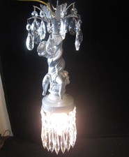 Cherub hanging Lamp metal silver tone pendant Chandelier Crystal prisms tole