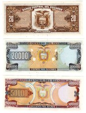 LOT SET SERIE 3 BILLETS Equateur ECUADOR 50000 20000 SUCRES 1986 - 1999 UNC NEUF