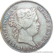 D2521 Spain Fake 20 Reales Reina Espanas Isabel II 1859 Madrid Silver > M offer