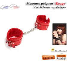 Menottes poignets -ROUGE- Cuir & Fourrure - Jeux Érotiques BDSM Lingerie (X313)