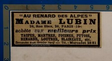 MADAME LUBIN AU RENARD DES ALPES peaux taupes fouines  publicité 1925 advert