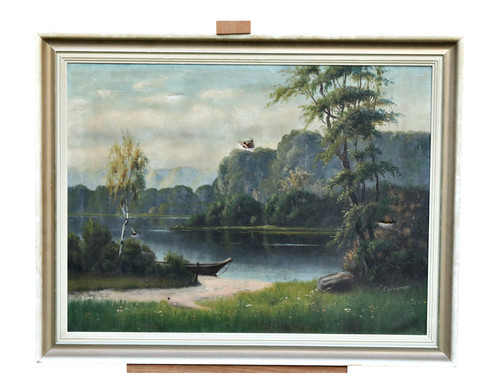 Paysage avec lac bateau - et,