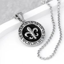 14K or Blanc Over Homme Noir Émaillé Fleur-de-Lis Pendentif Collier 24 " Chaîne