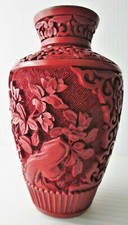 Chinese  Red Cinnabar Carved Lacquer Vase Lotus Flowers Bouquet