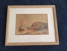 AQUARELLE ENCADREE ANCIENNE MARINE BATEAU DE PECHE BORD DE COTE SIGNEE 1907