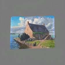 Peinture Ancienne Huile Paysage Marin Maison Bretonne Tableau Miniature Signé