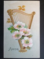 Superbe CARTE POSTALE ANCIENNE Fantaisie Gaufrée FLEURS FLOWERS Musique HARPE