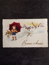 CP ILLUSTREE BONNE ANNEE ENFANT BONNET POMPON PARAPLUIE NEIGE - 30331