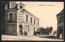 CPA Nazelles, Café du Centre au coin de la rue avec bicyclette et chevaux 