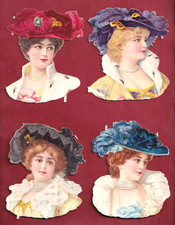 4 Très Rare Chromo Decoupis Mode 1800 Magnifiques Jeunes Filles  Beaux Chapeaux